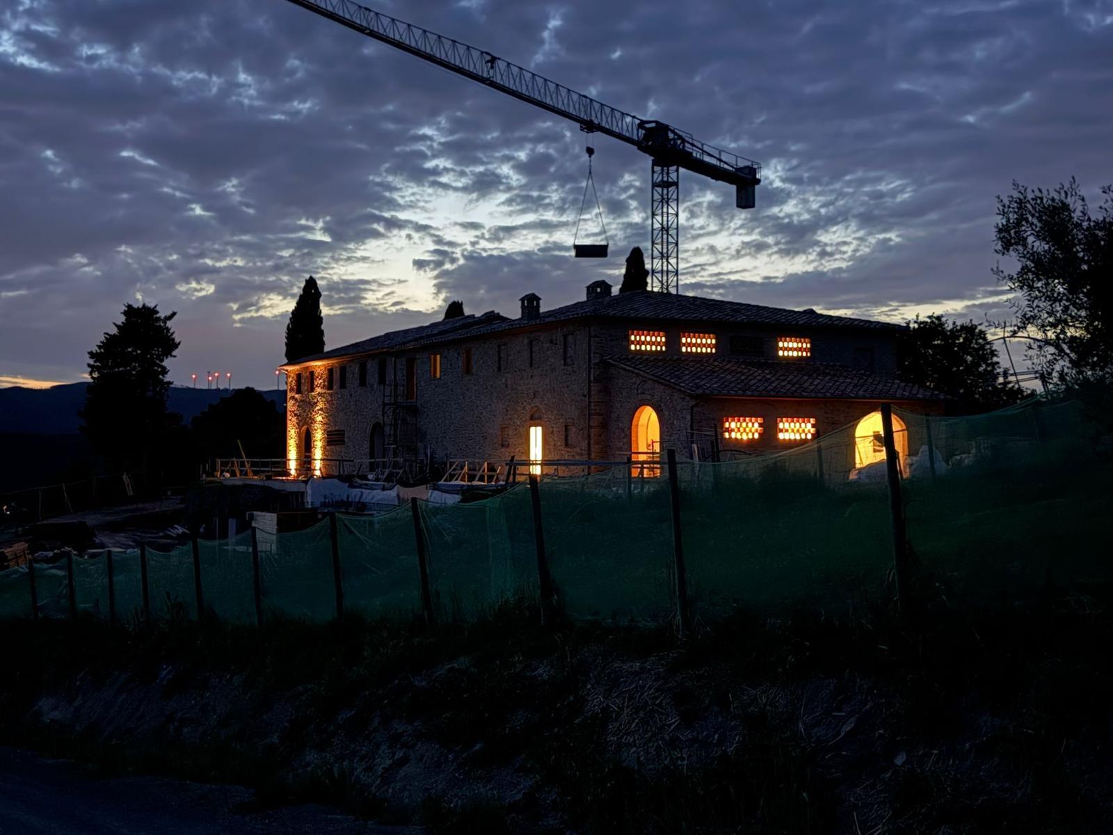 The cantina at dusk, under construction